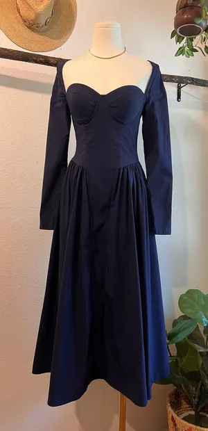 Marthea Navy Blue Corset Long Sleeve Midi Summer Dress Size XS thumbnail 1