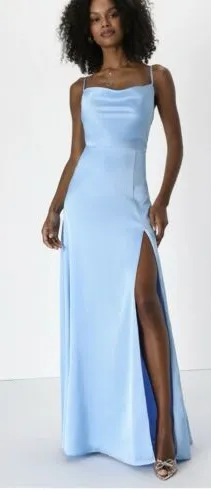 Lulus‎ Invitation Satin Cowl Neck Maxi Dress Blue Sz M NWT thumbnail 1
