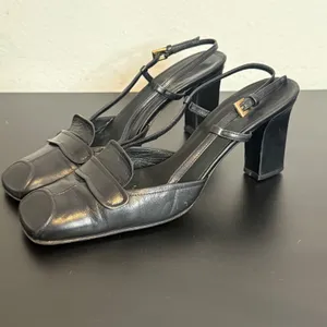 Vintage Prada Black Leather Square Toe Slingback Pump Size 35.5 Gold Buckle y2k thumbnail 5