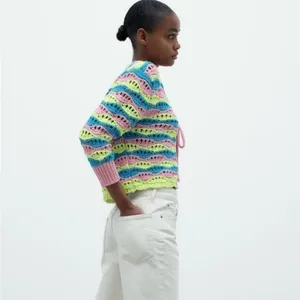 Zara Chunky Crochet Striped Front Tie Cardigan Retro Boxy Vibrant Y2K Sz M thumbnail 4