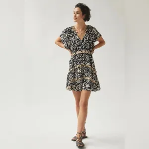 Anthropologie Black Floral Mini Dress with Beige Trim thumbnail 4