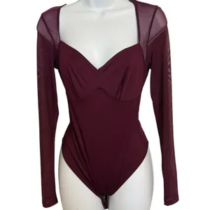 FEELINGIRL‎ Burgundy Sheer Mesh Long Sleeve Sweetheart Neck Bodysuit NWT Medium thumbnail 2