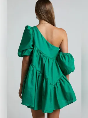 Showpo HARLEEN MINI DRESS Linen Asymmetrical Trim Puff Sleeve Dress In Green 10 thumbnail 3