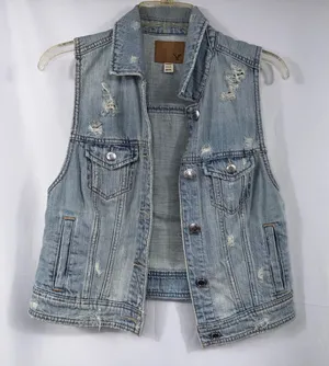 American Eagle Distressed Denim Vest Women’s Medium Light Wash Jean Vest thumbnail 1