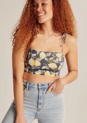 Abercrombie & Fitch Size Medium Blue Linen-Blend Crop Top Lemon Print Boho thumbnail 1