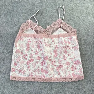 Vintage 80s Coquette Pink Floral Lace‎ Trim Camisole Top Satin Delicate Feminine thumbnail 5