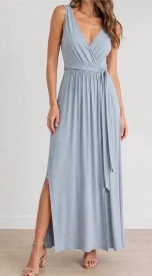 NWT Lulus Pale Dusty Blue Jersey Knit Surplice Slit Maxi Dress - Size: XL thumbnail 1