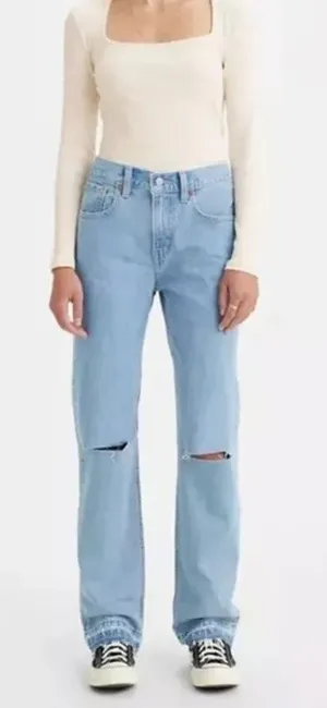 Levi's Low Pro Straight Leg Ripped Knees Released Raw Hem Jeans Blue 24 thumbnail 1