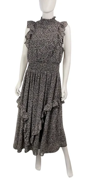 Lulus Evalina Black Floral Midi Dress XL Mock Neck Smocked‎ Waist Fairy Goth thumbnail 1