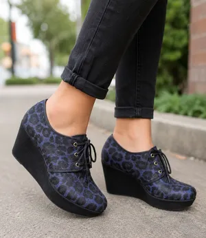 Nicole Wedge Oxfords Women Size 8M Black Blue Leopard Print Lace Up Shoes thumbnail 1