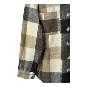 Plaid Shacket Women Large Brown Checkered Button Up Oversized Flannel Cozy Cabin thumbnail 4