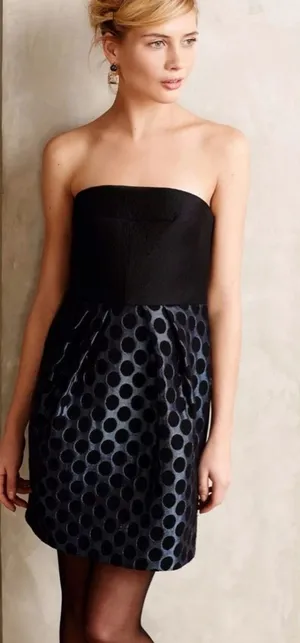 Anthropologie 4C Strapless Dress 4 Black Blue Polka Dot Jacquard Mini Graduation thumbnail 1