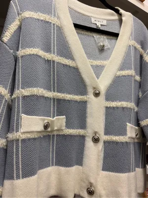 MABEL Cream-Trim Blue Striped V-Neck Cardigan thumbnail 3