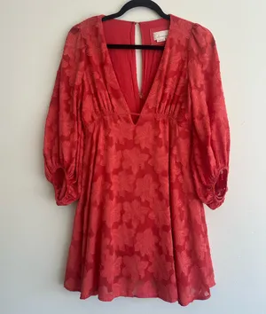 Anthropologie Jacquard Plunge Mini Dress Red Floral Textured Size 0 thumbnail 2