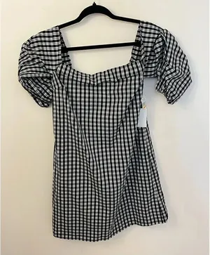 1 State Black and White Gingham Plaid Off Shoulder Dress S thumbnail 1