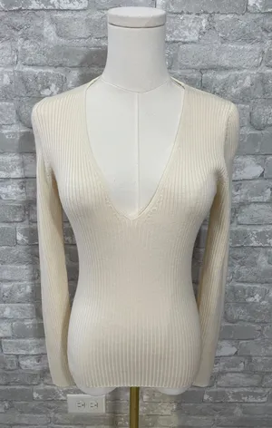 Reformation Cream Nativa Wool Ribbed V-Neck Sweater thumbnail 1