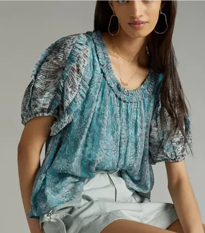 ANTHROPOLOGIE Let Me Be‎ Pintucked Chiffon Blouse puff sleeve Sz M thumbnail 1