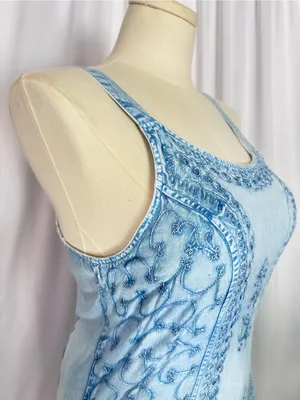 Sopogee Vintage Embroidered Chambray Dress Blue Rayon Sleeveless SizeLarge(1409) thumbnail 6