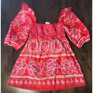 Farm Rio Summer Sunrise Mini Dress Small Red Smocked Puff Sleeve Tropical Summer thumbnail 7