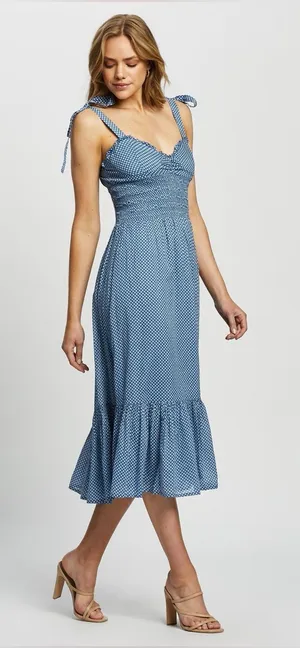 EUC Polo Ralph Lauren Midi Dress Blue Stars Tie Shoulder size 10 thumbnail 1