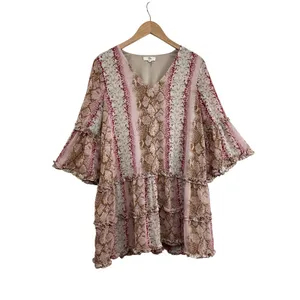Entro‎ Snake Print Ruffle Tiered V Neck Bell Sleeve Mini Dress Size M thumbnail 3