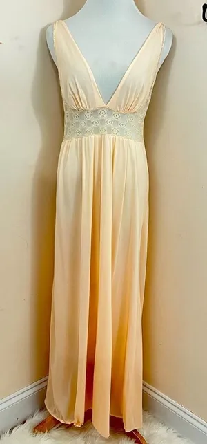 Vintage 70’s Peach Nylon & Lace Maxi NightGown Plunging Neckline L thumbnail 1