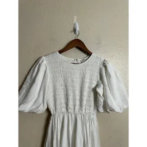 Dissh White 100% Linen Puff Sleeve Smocked Midi Dress Cottagecore Coastal US 6 thumbnail 8