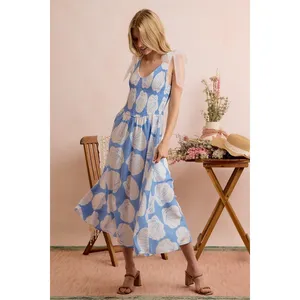 SO ME Shell Smocked Bodice Shoulder Tie‎ Lined Midi Dress - Blue - Large thumbnail 14