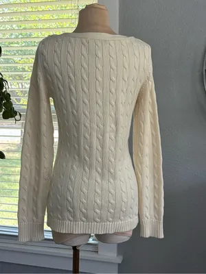 Lauren Ralph Lauren Boat Neck Cotton Cable Knit Sweater Size Medium thumbnail 3