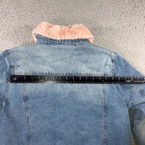 Y2K Longline Denim Jacket Women 4 Pink Faux Fur Collar Fleece Lined Boyfriend thumbnail 15