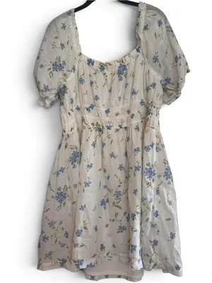 Cream Floral Puff-Sleeve BoHo flowery cottage core Dress with Blue Flowers thumbnail 10