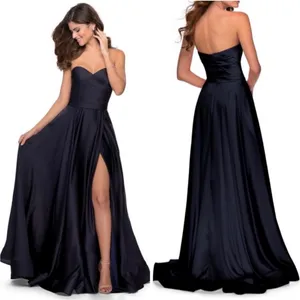 NWT La Femme 28608 Strapless Satin Gown Pleated‎ Bodice and Slit Navy Sz 6 $368 thumbnail 2