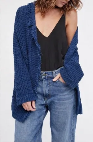 Free People Womens I'll Be Around Slouchy Fringe Cardigan Sweater thumbnail 1