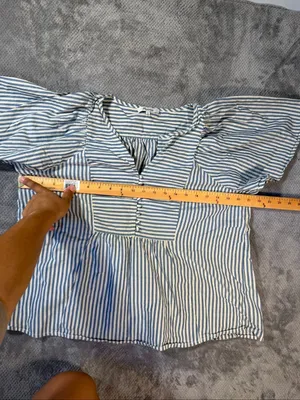 Madewell Courtyard Striped Puff Sleeve Peplum Blouse Medium Blue White Button Fr thumbnail 8