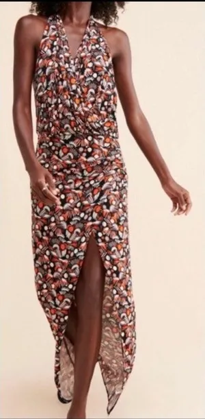 Free People Daria Orange Black Ivory Halter Jersey Stretch Dress S Reg $128 thumbnail 1