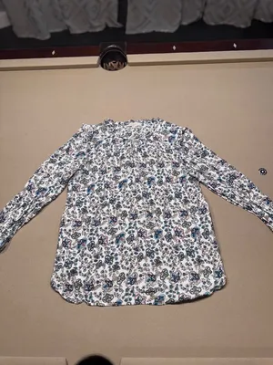 LOFT Cream Floral Ruffle-Neck Long Sleeve Blouse with Blue and Pink Accents thumbnail 2