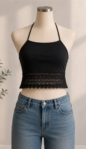 American Eagle Y2K Black Halter Lace Hem Top Size M thumbnail 1