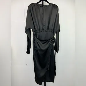 PrettyLittleThing High Slit Wrap Dress Womans 8 Black Satin Open Back Clubwear thumbnail 3