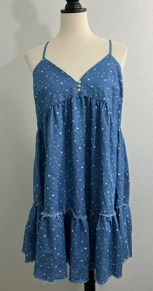 New Jodifl Large Starry Dotted Chambray Denim Babydoll Dress thumbnail 1