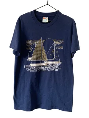 Vintage 90s Gold Glitter SAILBOATS Single Stitch T-SHIRT M Made In USA hanes thumbnail 1