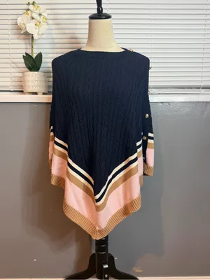 Talbots Cable Knit Cashmere Blend Poncho Navy Pink Camel Colorblock Cape XS thumbnail 3
