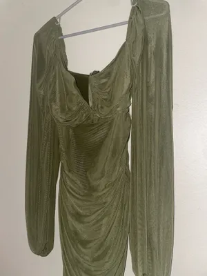 Zaful Olive Green Ruched Sheer Mesh Bodycon Dress Size Size L thumbnail 3