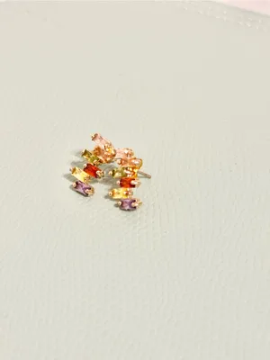 Rainbow Baguette Stud Earrings Gold Plated Multicolor CZ Boho thumbnail 2