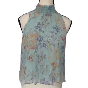 Alice + Olivia Annmarie Floral Smocked High Neck Tank Top Blue Multi Size S thumbnail 2