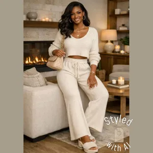 Cream Ribbed Wide-Leg Lounge Pants XS | High-Rise Drawstring Waist thumbnail 2