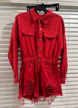 Red Distressed Denim romper Size M thumbnail 1