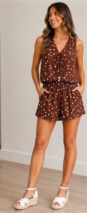 Crescent Bay Brown Polka Dot Sleeveless 2 pc short set thumbnail 1