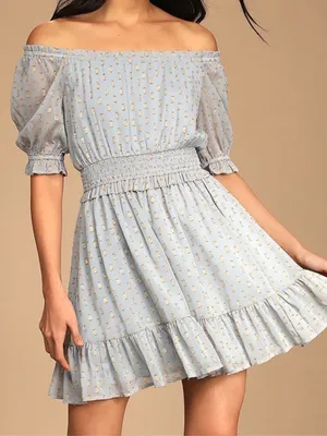 Lulus Women’s Touch of Glam Dusty Blue Dotted Off-the-Shoulder Mini Dress Size L thumbnail 1