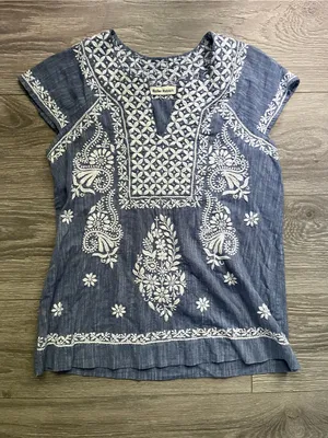 Roller Rabbit Blue White Cap Sleeve Embroidered 100% Cotton Boho Preppy Top S thumbnail 1