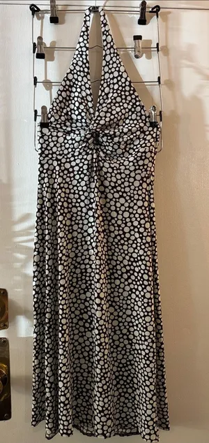 Maggy London 2000s Y2K Halter Polka Dot Maxi Dress in Brown & White Size 4 thumbnail 1